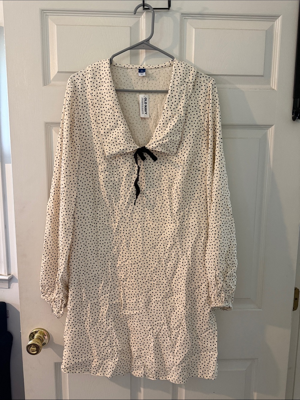 Old Navy Cream Polka Dot Midi Dress with Black Neck Tie